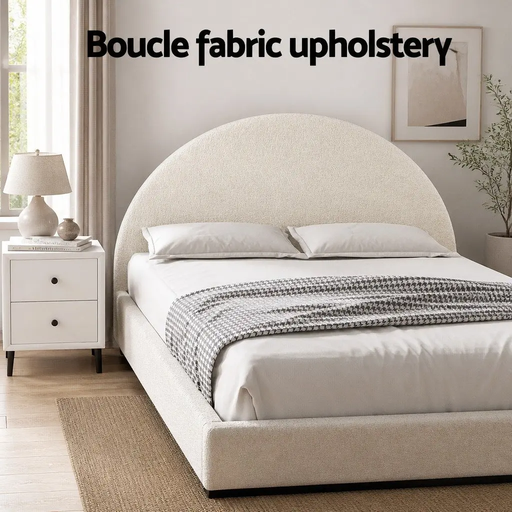 Queen Bed Frame Boucle Upholstered Beige with Bedside Table White and Pine 9 Piece