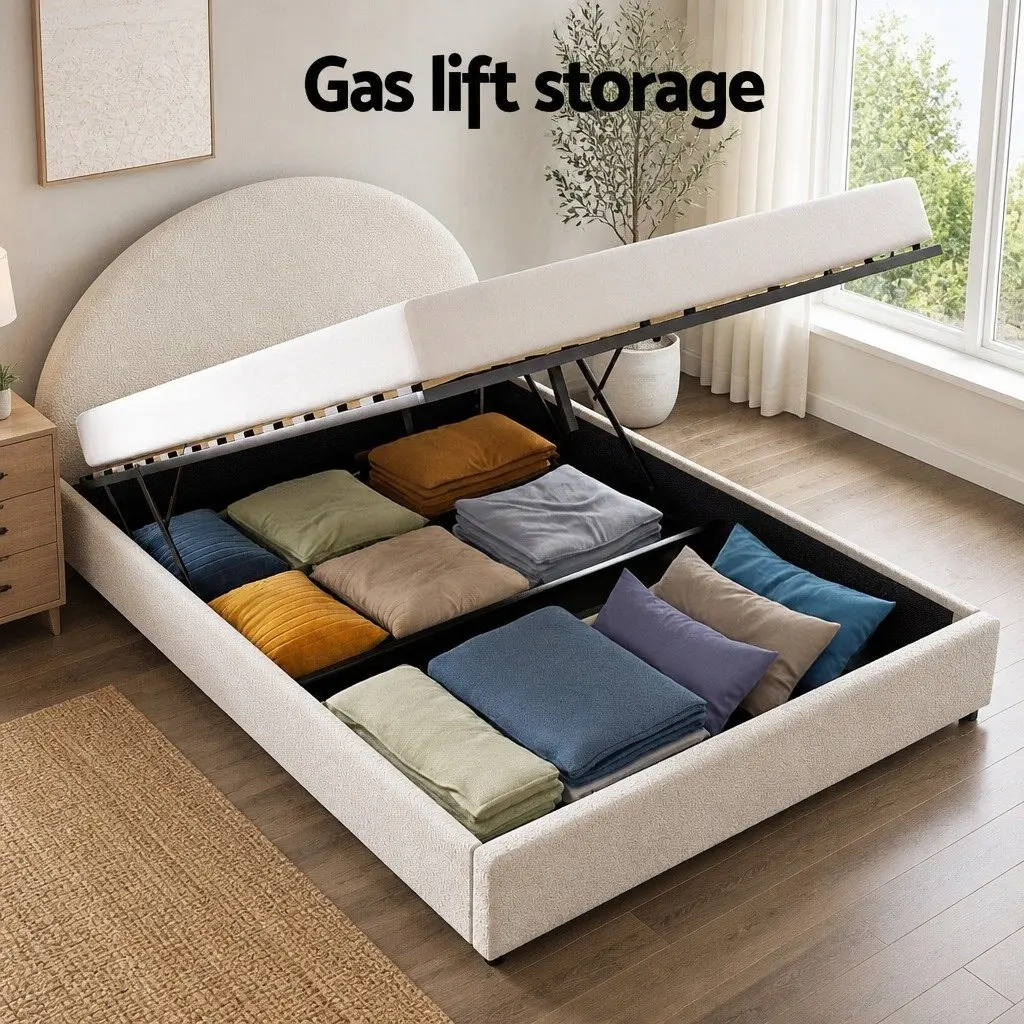 Queen Bed Frame Boucle Upholstered Beige with Bedside Table White and Pine 9 Piece