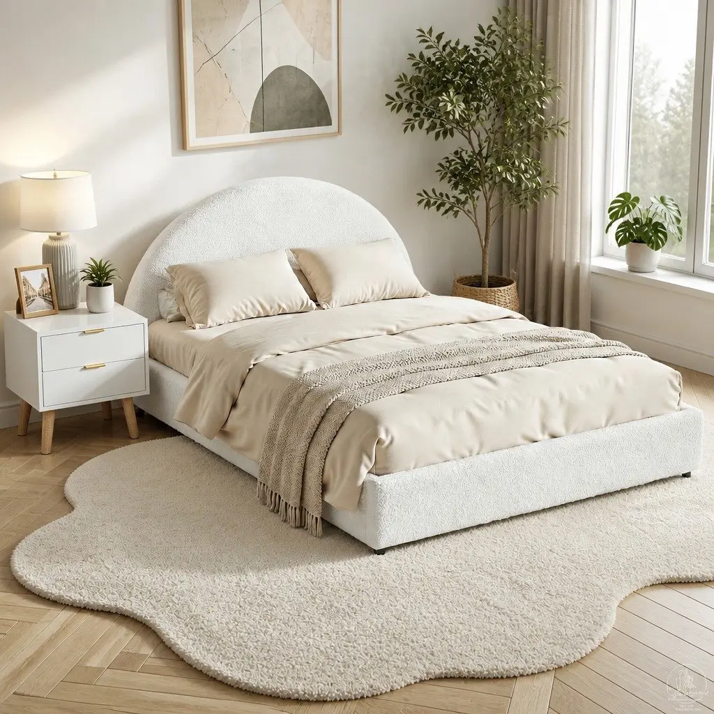 Queen Bed Frame Boucle Upholstered Beige with Bedside Table White and Pine 9 Piece