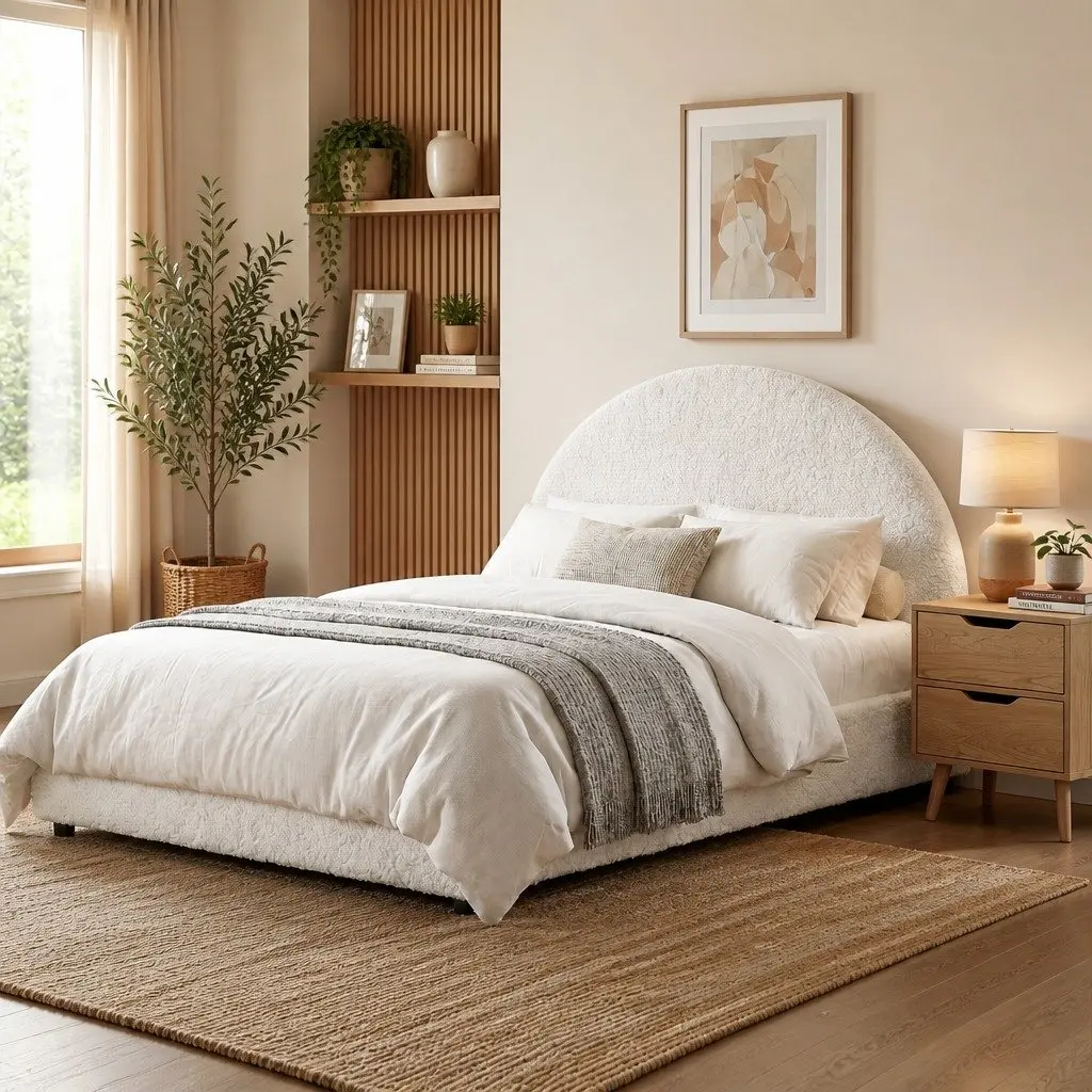 Queen Gas Lift Storage Bed Frame Boucle Upholstered 216cm L x 160cm W x 99cm H Beige with Bedside Table 40cm L x 30cm W x 50cm H