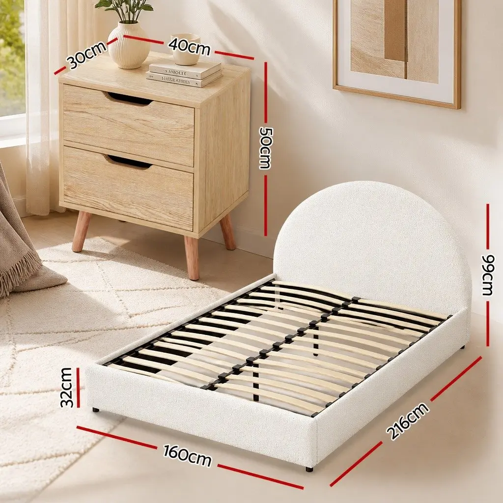Queen Gas Lift Storage Bed Frame Boucle Upholstered 216cm L x 160cm W x 99cm H Beige with Bedside Table 40cm L x 30cm W x 50cm H