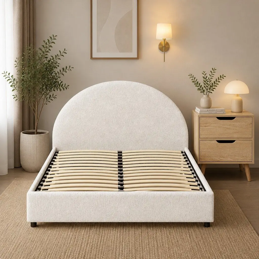 Queen Gas Lift Storage Bed Frame Boucle Upholstered 216cm L x 160cm W x 99cm H Beige with Bedside Table 40cm L x 30cm W x 50cm H