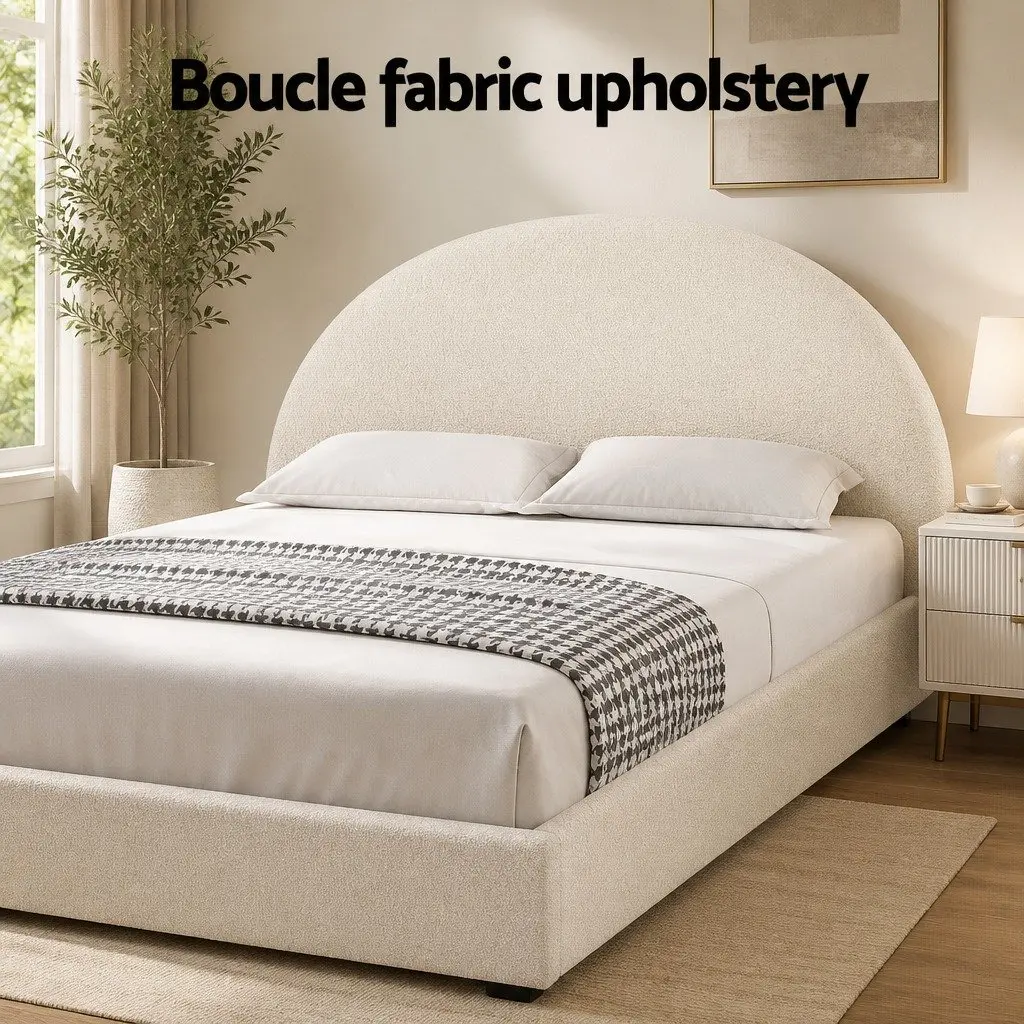 Queen Gas Lift Storage Bed Frame Boucle Upholstered 216cm L x 160cm W x 99cm H Beige with Bedside Table 40cm L x 30cm W x 50cm H
