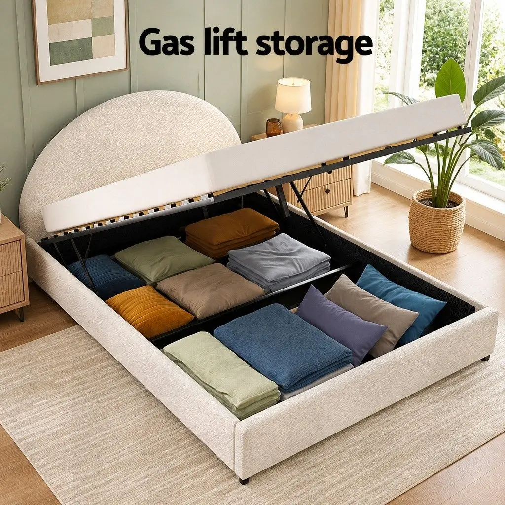 Queen Gas Lift Storage Bed Frame Boucle Upholstered 216cm L x 160cm W x 99cm H Beige with Bedside Table 40cm L x 30cm W x 50cm H
