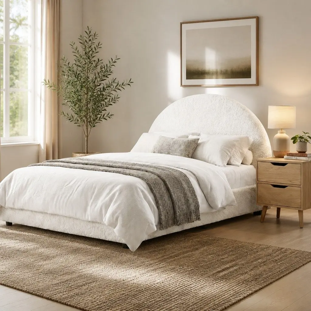Queen Gas Lift Storage Bed Frame Boucle Upholstered 216cm L x 160cm W x 99cm H Beige with Bedside Table 40cm L x 30cm W x 50cm H