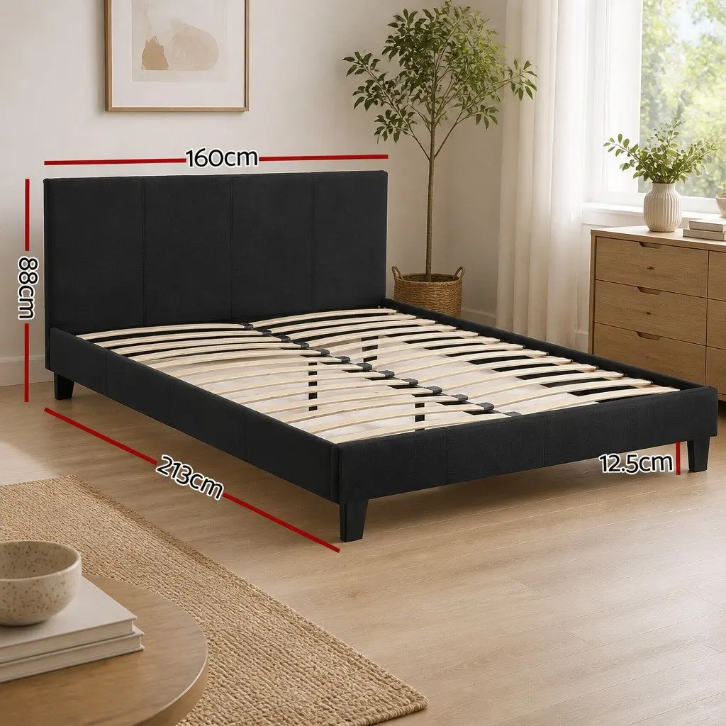 Queen Bed Frame Faux Linen Fabric Solid Wood Charcoal with Hybrid Pocket Coil Mattress Medium Firm