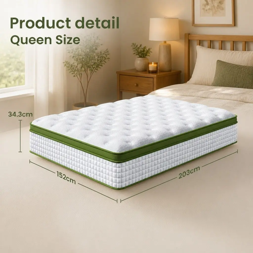 Queen Bed Frame Faux Linen Fabric Solid Wood Charcoal with Hybrid Pocket Coil Mattress Medium Firm