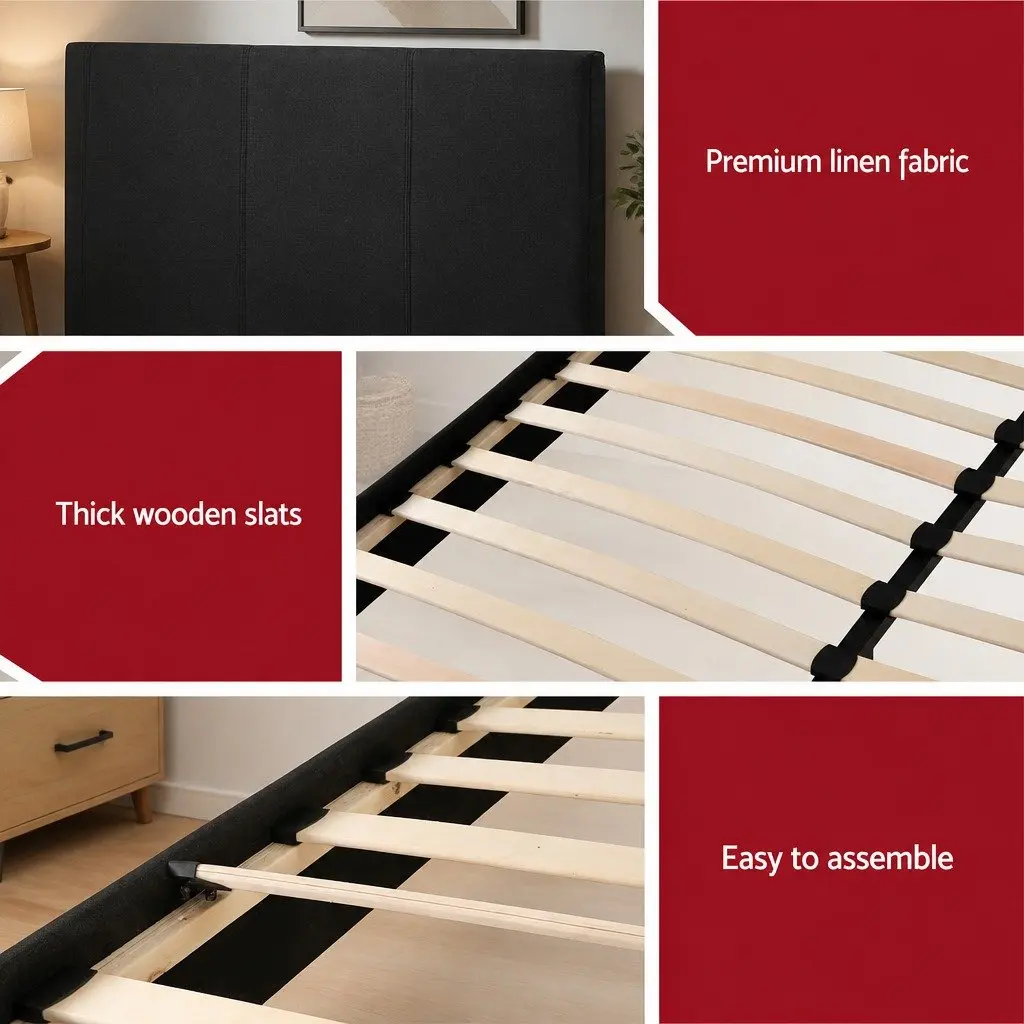 Queen Bed Frame Faux Linen Fabric Solid Wood Charcoal with Hybrid Pocket Coil Mattress Medium Firm