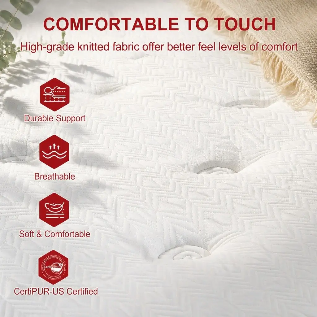 Queen Bed Frame Faux Linen Fabric Solid Wood Charcoal with Hybrid Pocket Coil Mattress Medium Firm