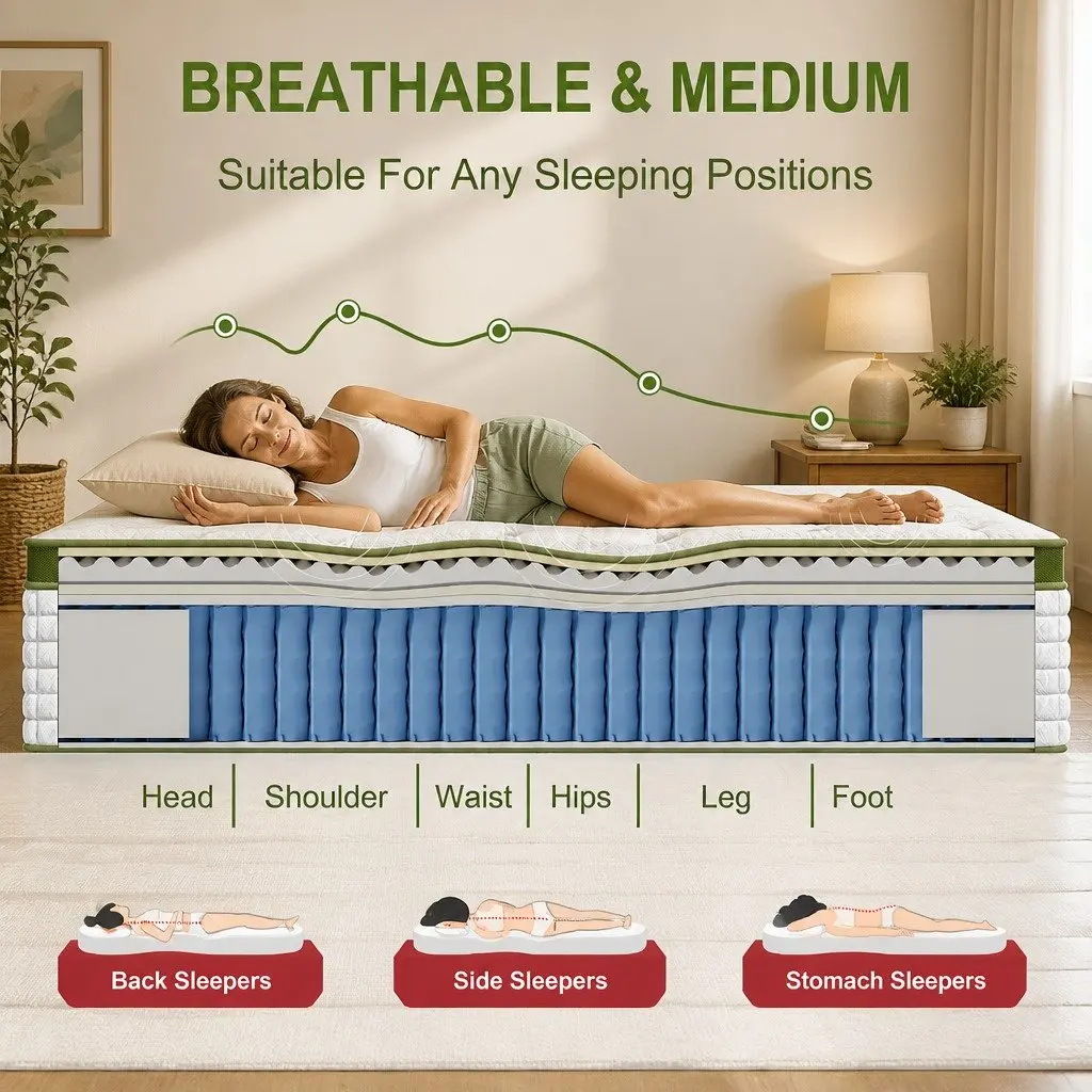 Queen Bed Frame Faux Linen Fabric Solid Wood Charcoal with Hybrid Pocket Coil Mattress Medium Firm