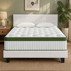 Sturdy Queen Bed Frame with Hybrid Mattress in White