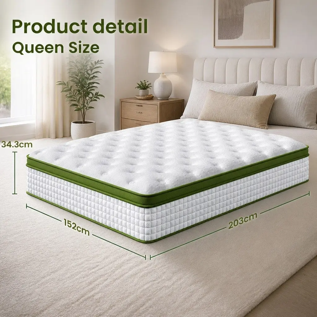 Queen Bed Frame Set PVC Leather Solid Wood White Padded Headboard Hybrid Mattress Medium Firm 9 Layer Pocket Coil