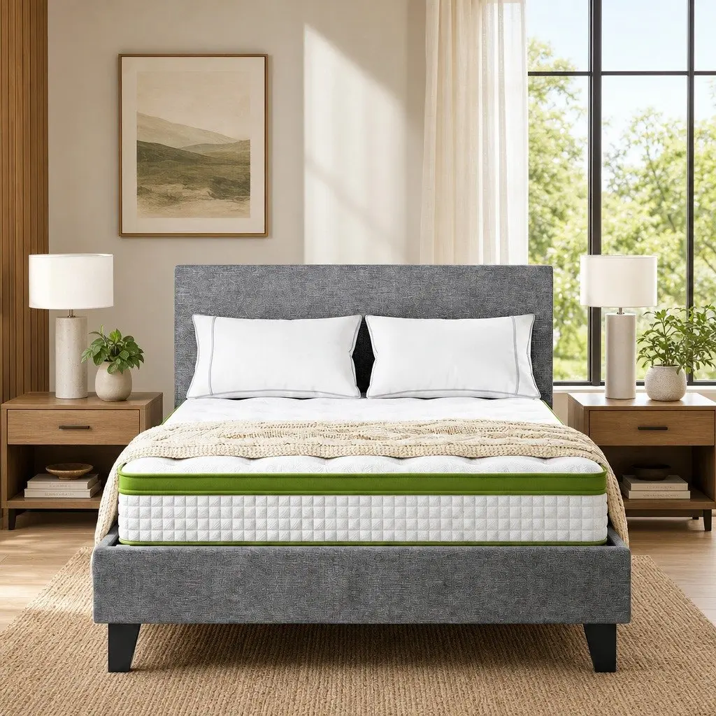 Single Bed Frame Faux Linen Upholstered 203cm x 97cm x 88cm Grey with 30cm Hybrid Mattress 190cm x 91cm