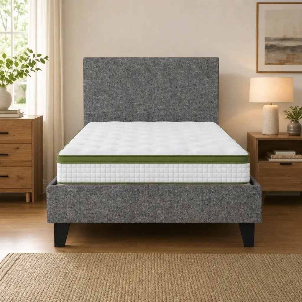 Single Bed Frame Faux Linen Upholstered 203cm x 97cm x 88cm Grey with 30cm Hybrid Mattress 190cm x 91cm