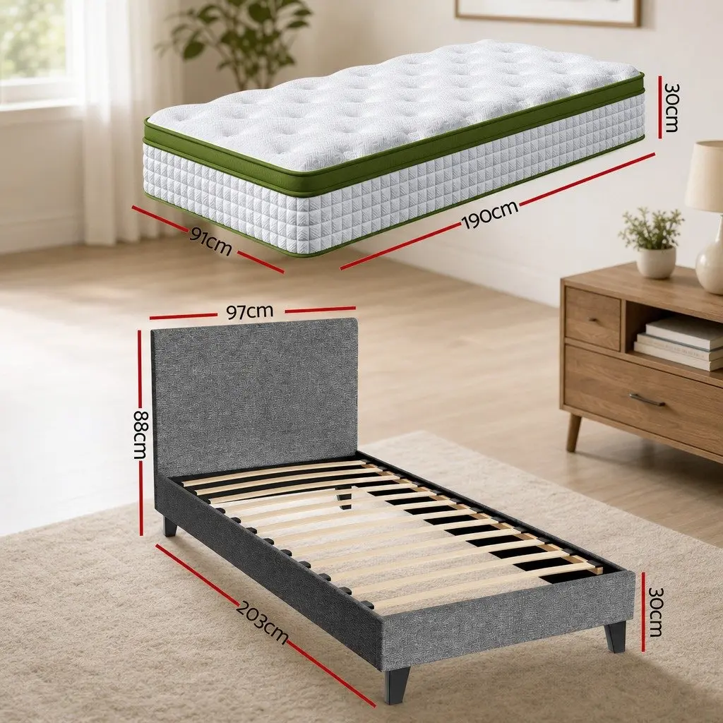 Single Bed Frame Faux Linen Upholstered 203cm x 97cm x 88cm Grey with 30cm Hybrid Mattress 190cm x 91cm