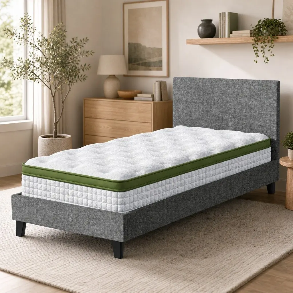 Single Bed Frame Faux Linen Upholstered 203cm x 97cm x 88cm Grey with 30cm Hybrid Mattress 190cm x 91cm