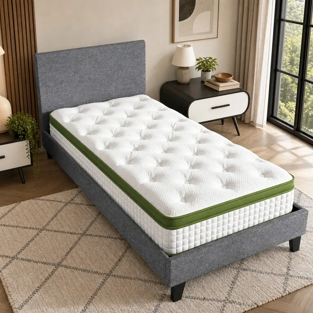 Single Bed Frame Faux Linen Upholstered 203cm x 97cm x 88cm Grey with 30cm Hybrid Mattress 190cm x 91cm