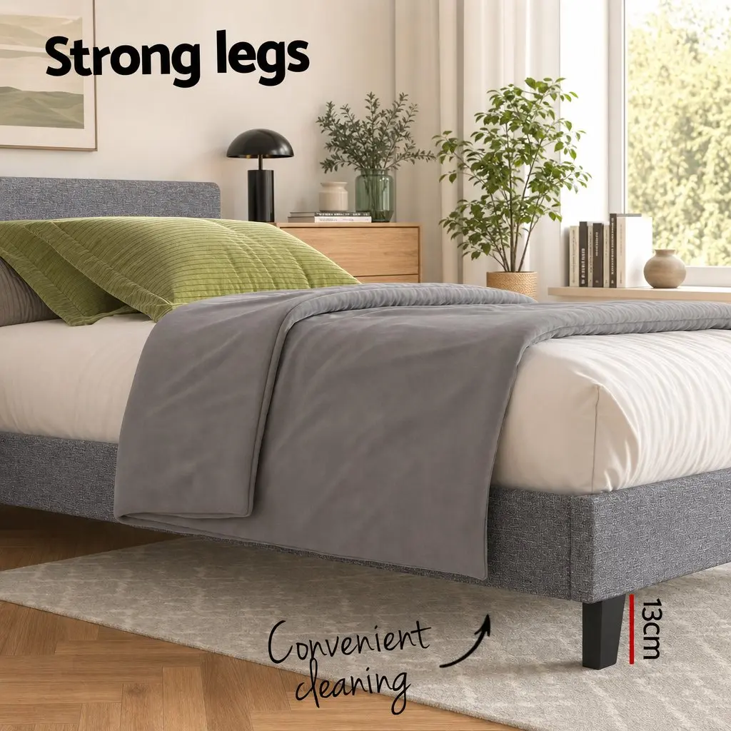 Single Bed Frame Faux Linen Upholstered 203cm x 97cm x 88cm Grey with 30cm Hybrid Mattress 190cm x 91cm
