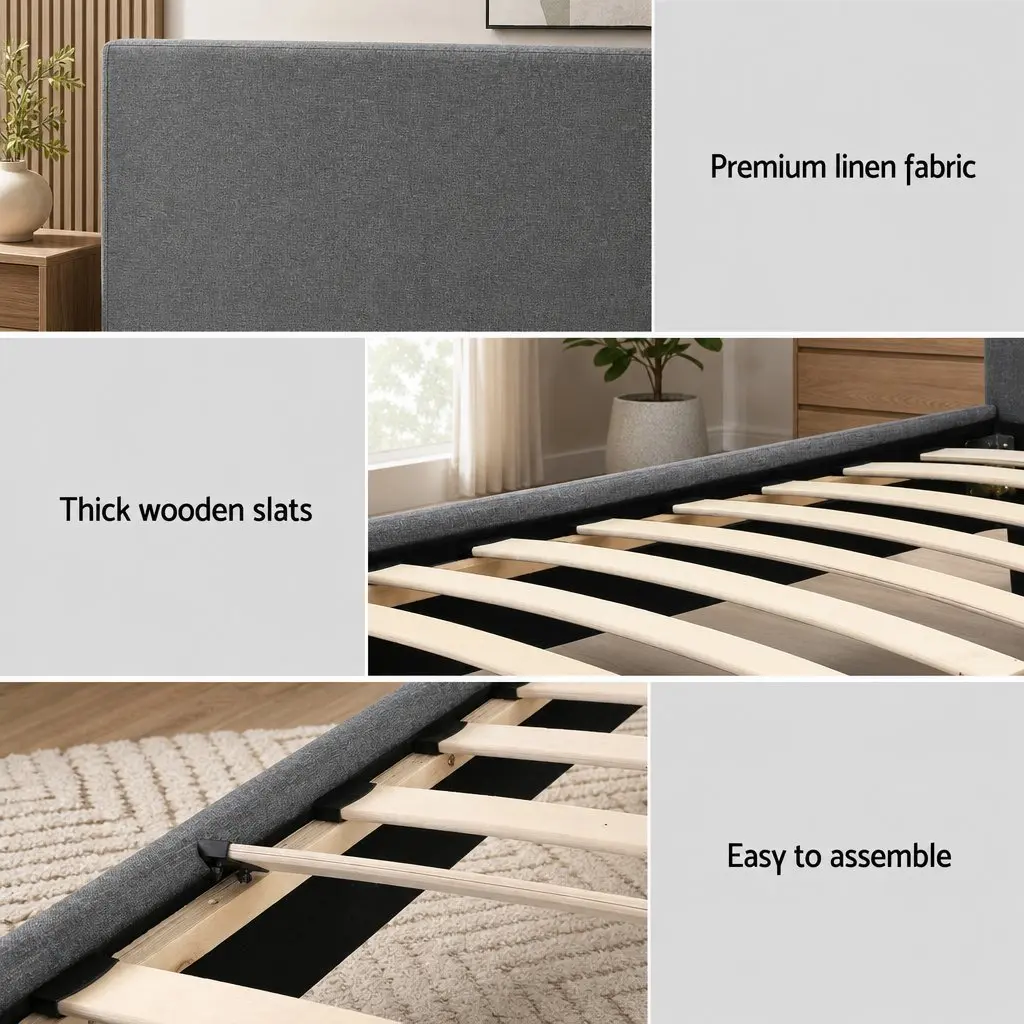 Single Bed Frame Faux Linen Upholstered 203cm x 97cm x 88cm Grey with 30cm Hybrid Mattress 190cm x 91cm