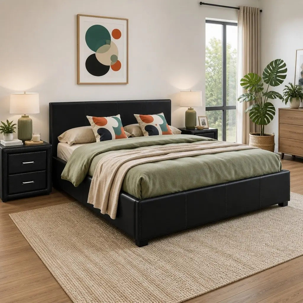 Queen Gas Lift Bed Frame with Storage & Nightstand
