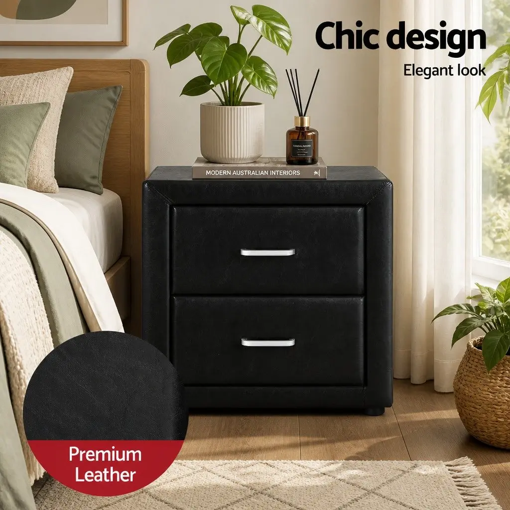 Queen Gas Lift Bed Frame PU Leather Black with Matching Bedside Table Set