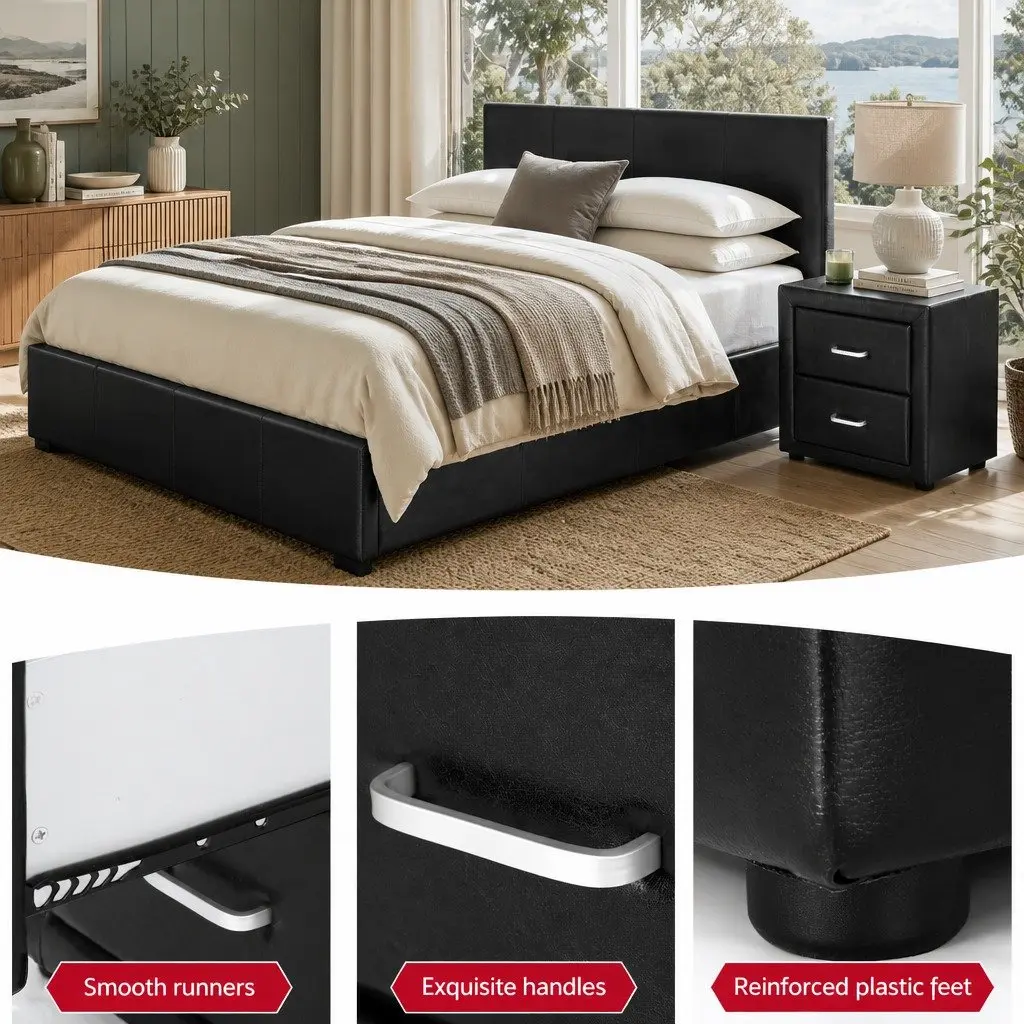 Queen Gas Lift Bed Frame PU Leather Black with Matching Bedside Table Set