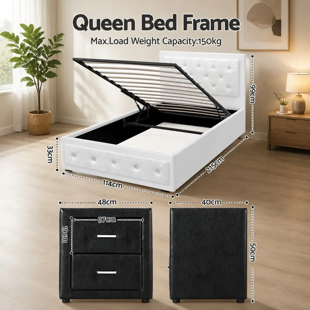 King Single Bed Frame PVC Leather Foam Wood with Gas Lift Storage White and Bedside Table Plywood MDF with PU Leather Black Set