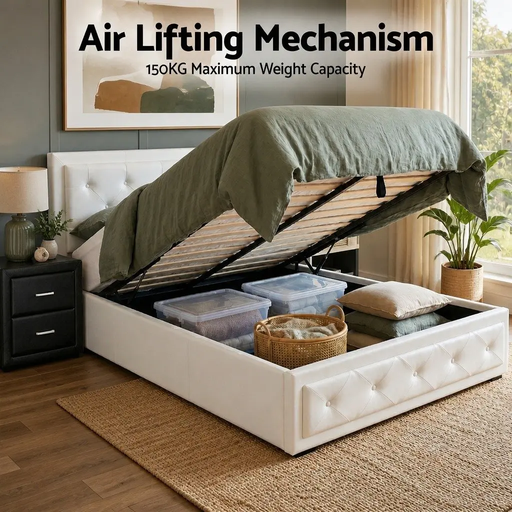 King Single Bed Frame PVC Leather Foam Wood with Gas Lift Storage White and Bedside Table Plywood MDF with PU Leather Black Set