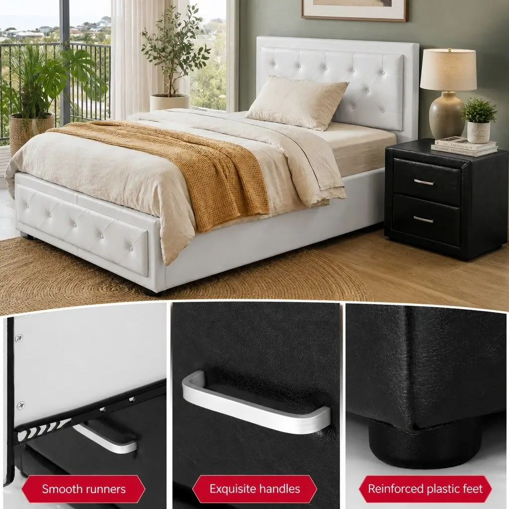 King Single Bed Frame PVC Leather Foam Wood with Gas Lift Storage White and Bedside Table Plywood MDF with PU Leather Black Set