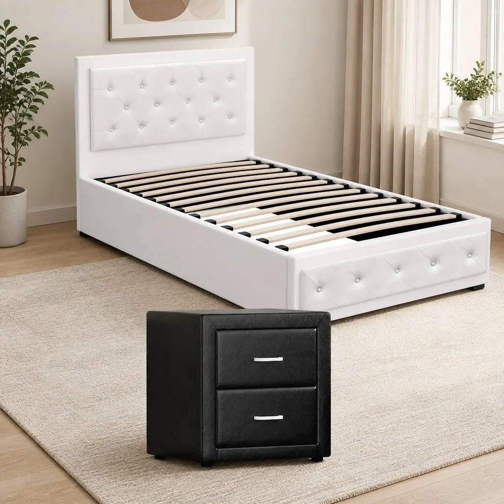 King Single Bed Frame PVC Leather Foam Wood with Gas Lift Storage White and Bedside Table Plywood MDF with PU Leather Black Set