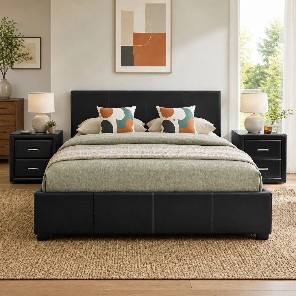 Queen Bed Frame with Gas Lift Storage & 2 Nightstands