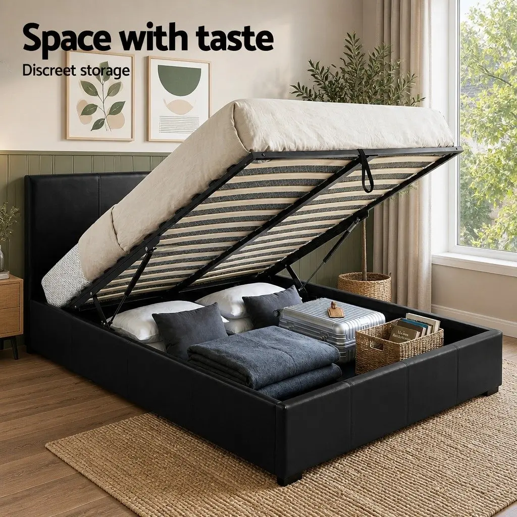 Queen Bed Frame PVC Leather Gas Lift Storage Black with 2 Bedside Tables