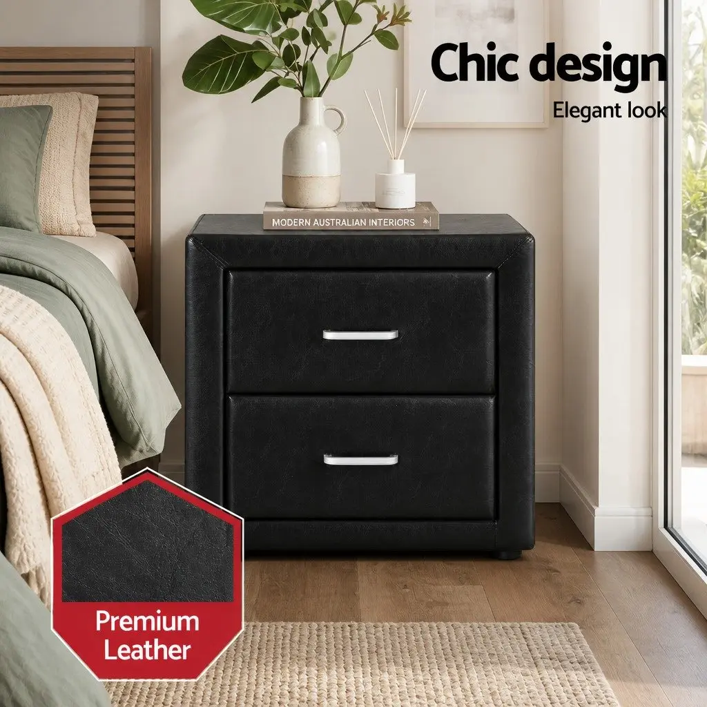 Queen Bed Frame PVC Leather Gas Lift Storage Black with 2 Bedside Tables