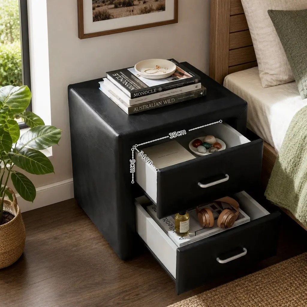 Queen Bed Frame PVC Leather Gas Lift Storage Black with 2 Bedside Tables