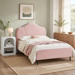 Stylish King Single Bed Frame with Pink Velvet and Table
