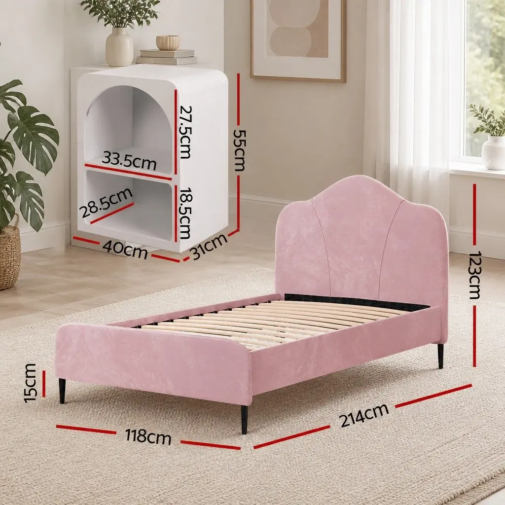 King Single Bed Frame with Pink Velvet and Table
