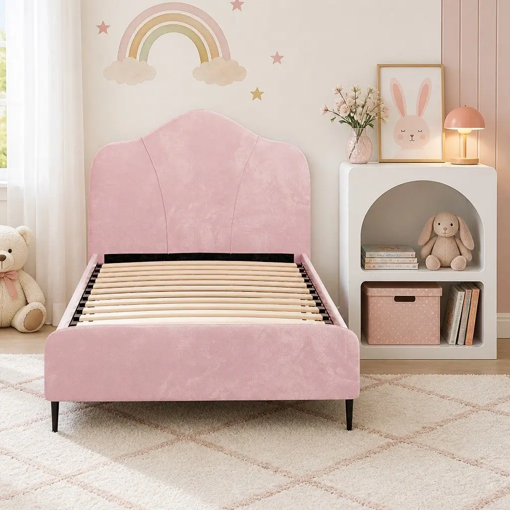 King Single Bed Frame with Pink Velvet and Table