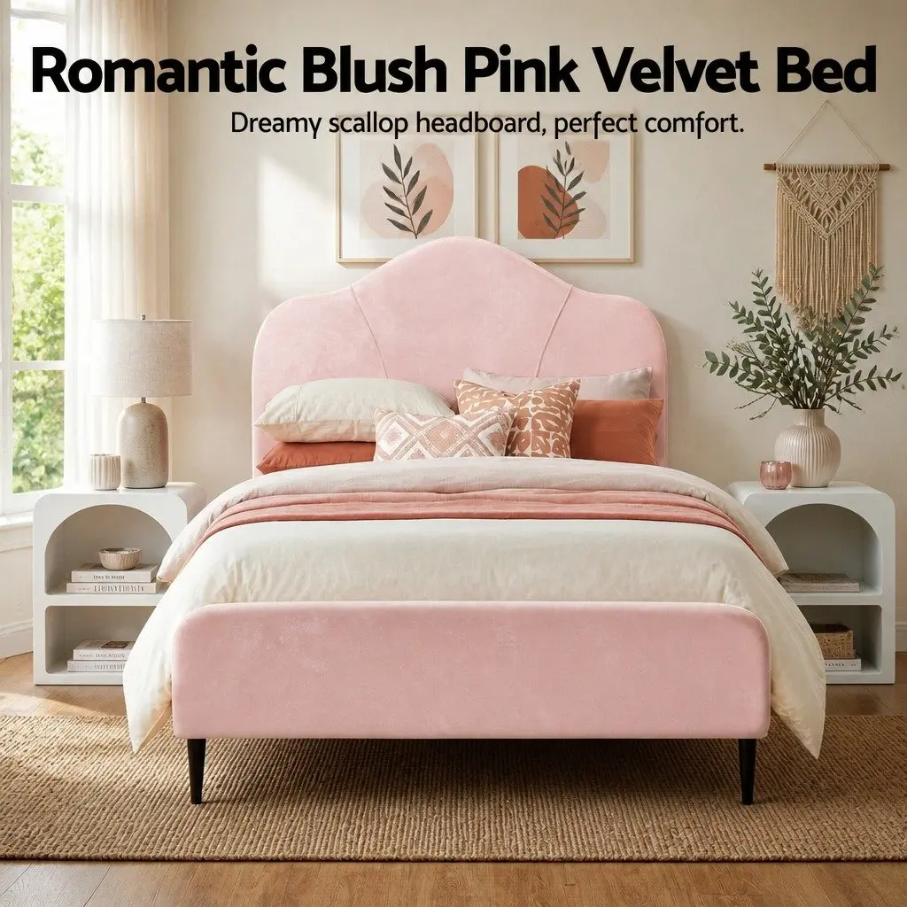 King Single Bed Frame with Pink Velvet and Table