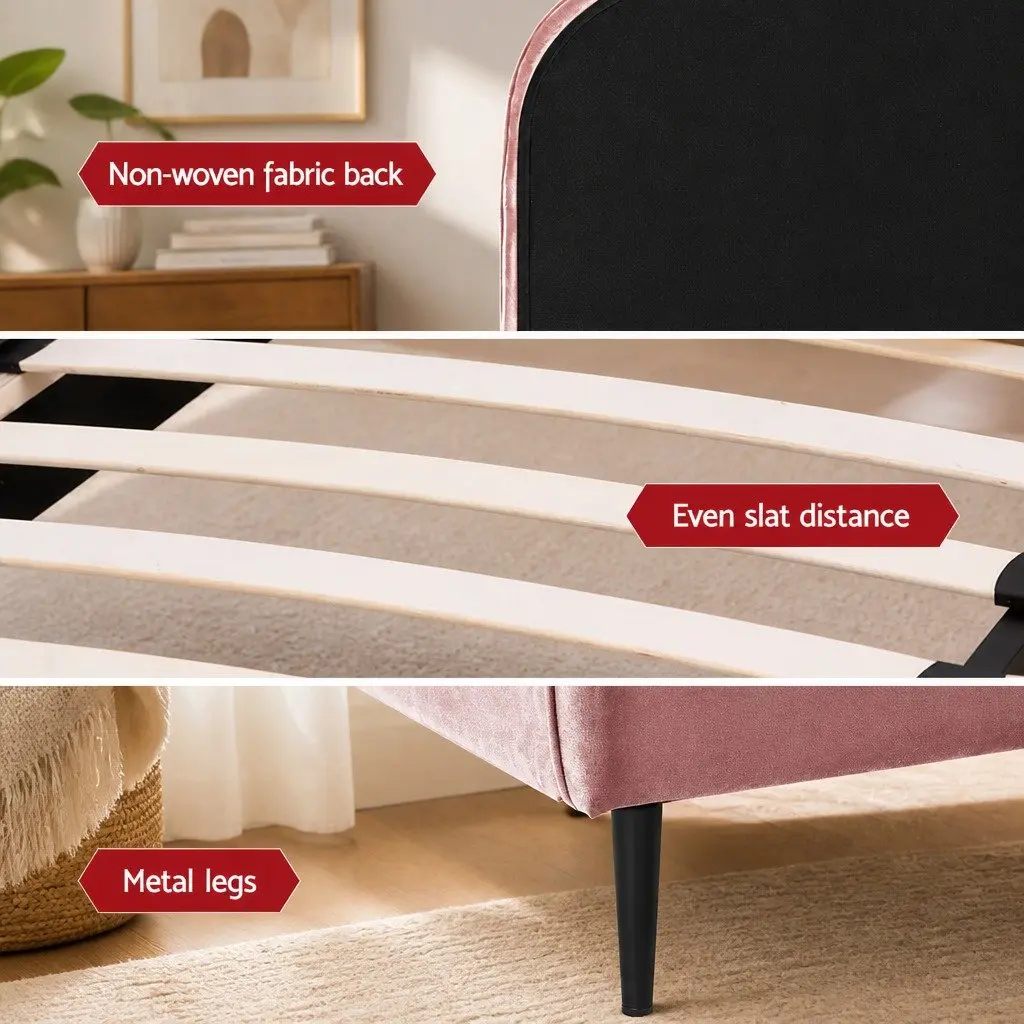 King Single Bed Frame with Pink Velvet and Table