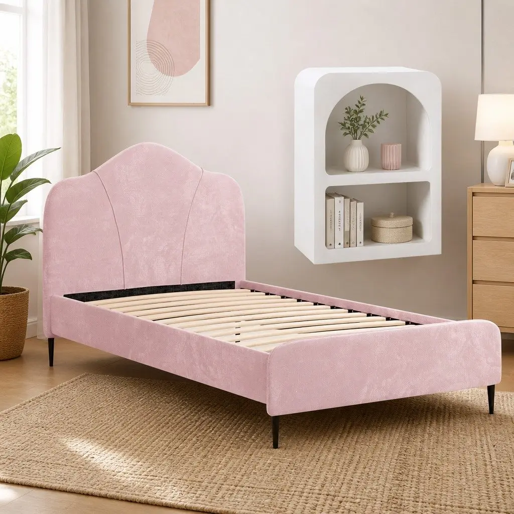 King Single Bed Frame with Pink Velvet and Table