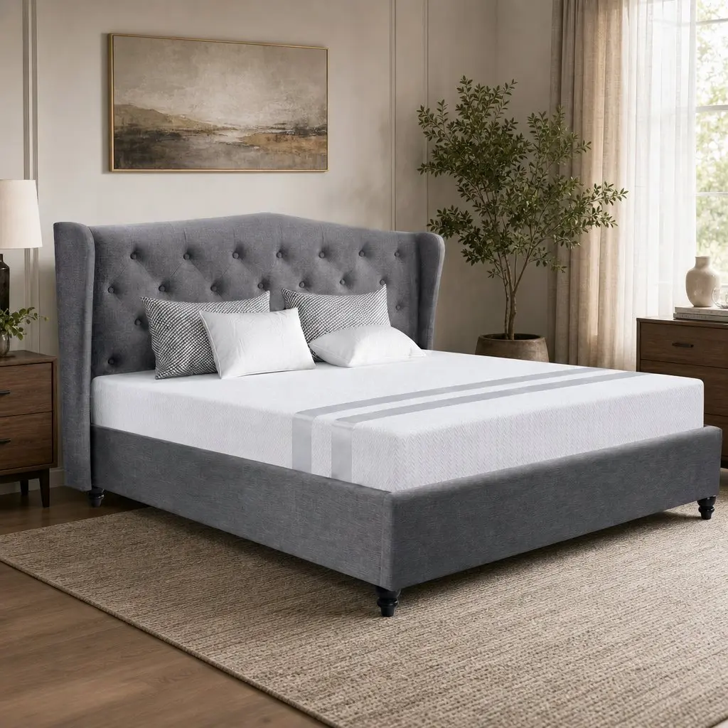 Double Bed Frame Steel Medium Size Tufted Wing Headboard Grey with Memory Foam Mattress