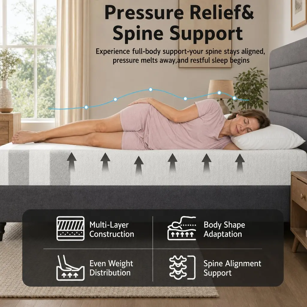 Double Bed Frame Steel Medium Size Tufted Wing Headboard Grey with Memory Foam Mattress