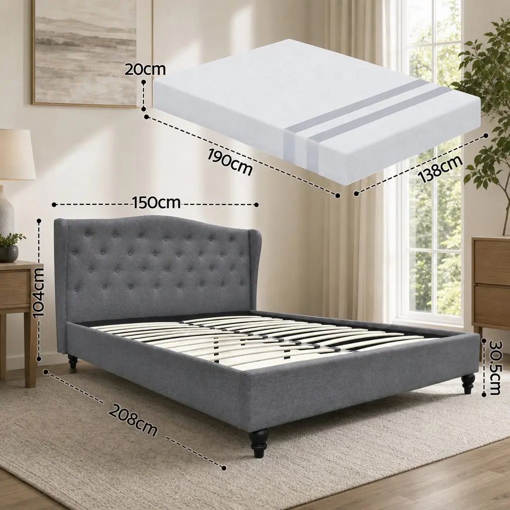 Double Bed Frame Steel Medium Size Tufted Wing Headboard Grey with Memory Foam Mattress