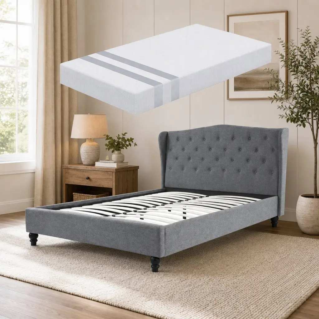 Double Bed Frame Steel Medium Size Tufted Wing Headboard Grey with Memory Foam Mattress
