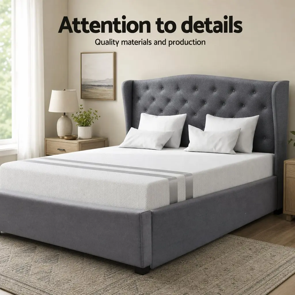 Double Bed Frame Steel Medium Size Tufted Wing Headboard Grey with Memory Foam Mattress