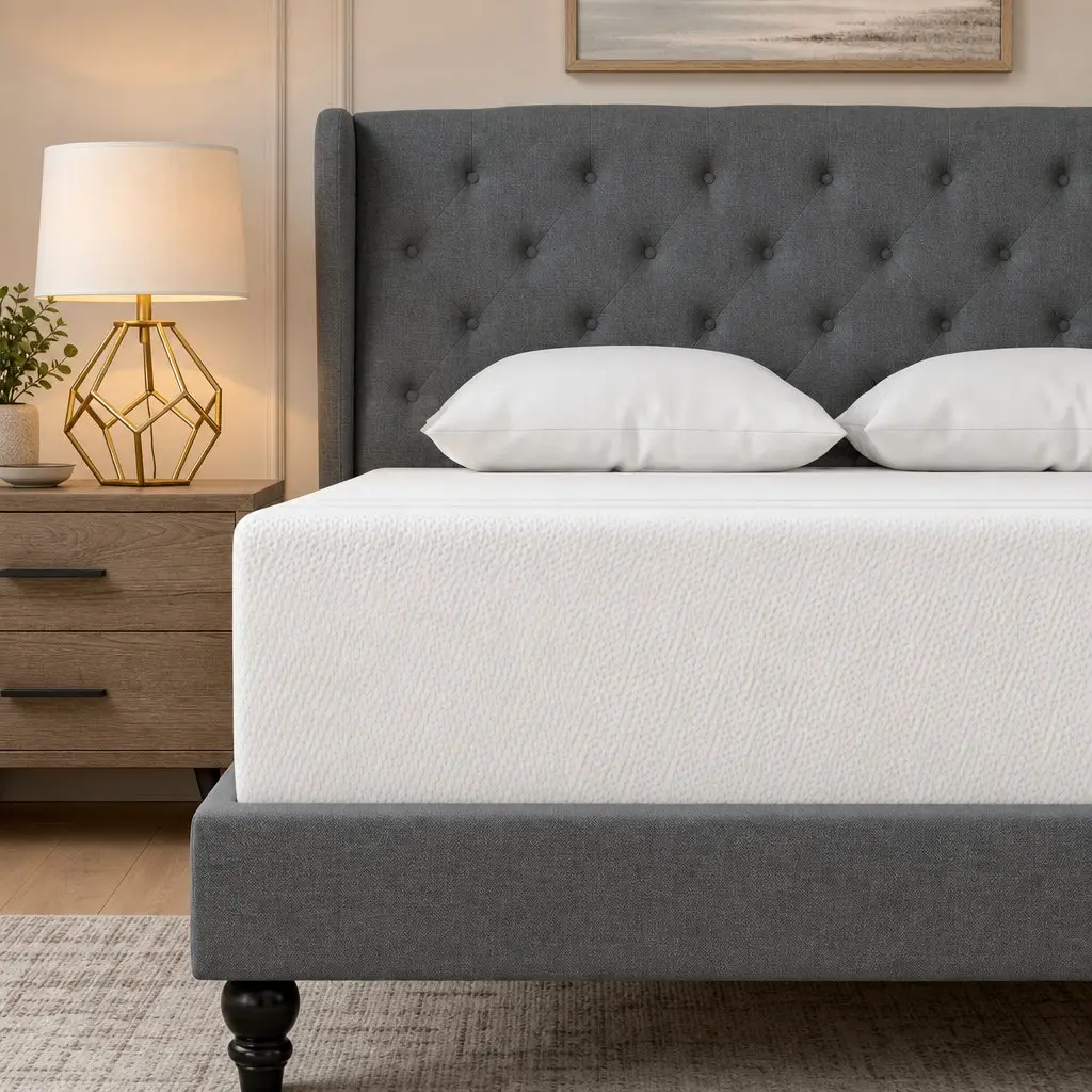 Double Bed Frame Steel Medium Size Tufted Wing Headboard Grey with Memory Foam Mattress