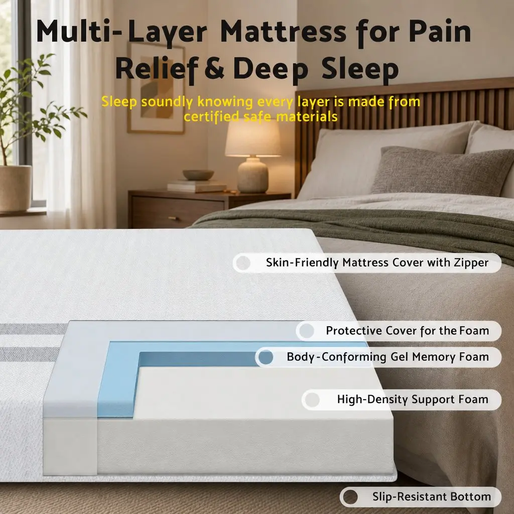 Double Bed Frame Steel Medium Size Tufted Wing Headboard Grey with Memory Foam Mattress