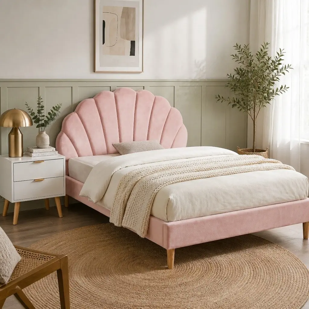 Pink Velvet Double Bed Frame with Scallop Headboard
