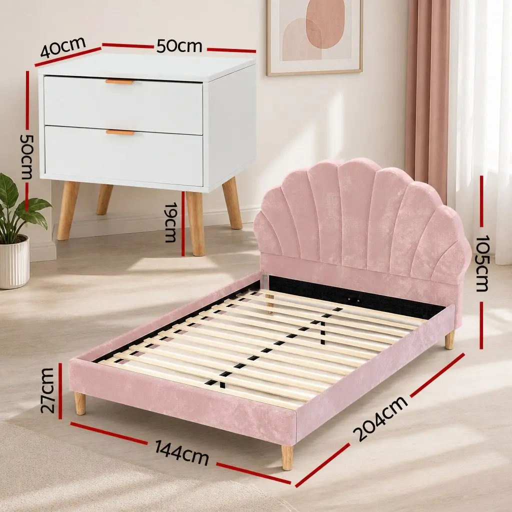 Pink Velvet Double Bed Frame with Scallop Headboard