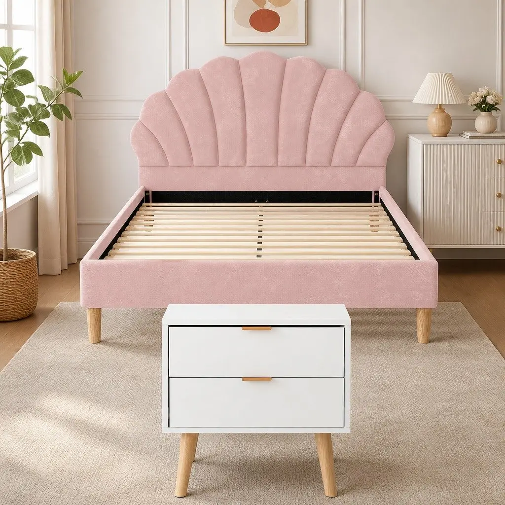 Pink Velvet Double Bed Frame with Scallop Headboard